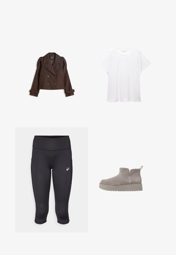 Giacca in misto lana marrone doppiopetto con spalline, ampie rever, due tasche frontali e maniche arrotolate. Etichetta interna marcata.; T-shirt bianco realizzato in un tessuto morbido e leggero. Presenta un collo rotondo e maniche corte e larghe con vestibilità morbida. Nessun motivo visibile.; Leggings capri neri da atleta con una texture liscia, tessuto elastico, vita alta e un piccolo logo bianco sul lato sinistro.; Stivale alla caviglia in suede grigio, dal profilo basso, con pannelli laterali elastici e suola in gomma testurizzata. Presenta un inserto per una facile calzata.