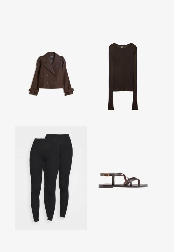 Giacca in misto lana marrone doppiopetto con spalline, ampie rever, due tasche frontali e maniche arrotolate. Etichetta interna marcata.; Maglietta aderente a maniche lunghe realizzata in tessuto marrone scuro. Collo rotondo, superficie liscia e maniche leggermente allungate senza polsini.; Leggings neri con vita elastica, realizzati in un tessuto liscio ed elasticizzato. Presentano un design aderente che si restringe alle caviglie.; Sandal in pelle marrone con cinturini incrociati, chiusura con cinturino alla caviglia e suola piatta con dettagli di cucitura minimi.