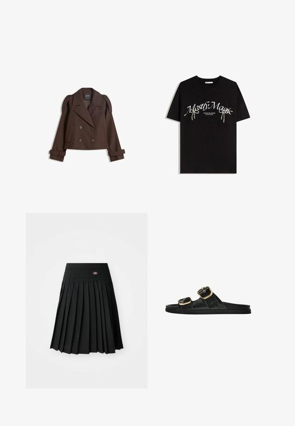Barna, dupla soros, gyapjú keverék zakó vállfölötti díszítéssel, nagy hajtókával, két elülső zsebbel és feltekert ujjakra. Megjelölt bélés.; Fekete pamut póló, melyen fehér "Mostly Magic" felirat látható, valamint díszes gyöngy részletekkel van díszítve. Rövid ujjak, laza fit, kerek nyakú.; Fekete, redőzött szoknya lapos derékkal és kis logó részlettel. Simább textúrájú anyagból készült, több függőleges redővel.; Fekete csúszó szandál, két arany csattal, sima textúrájú anyagból, lapos talppal és minimalista dizájnnal.