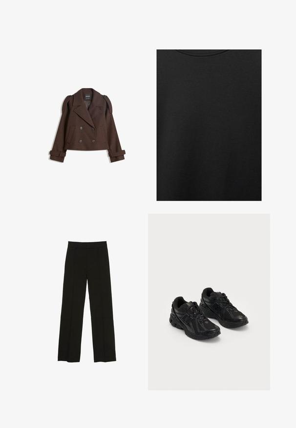 Giacca in misto lana marrone doppiopetto con spalline, ampie rever, due tasche frontali e maniche arrotolate. Etichetta interna marcata.; Tessuto di cotone nero con una texture liscia e scollatura rotonda, caratterizzato da un motivo a grana sottile e uniforme. Nessun logo o accento visibile.; Pantaloni neri a gamba larga realizzati in un tessuto morbido, con una vita aderente e sottili pieghe frontali per un tocco di consistenza.; Scarpe sportive nere realizzate in rete e materiali sintetici. Presentano una suola ammortizzata, motivi testurizzati e un marchio impresso sul lato.