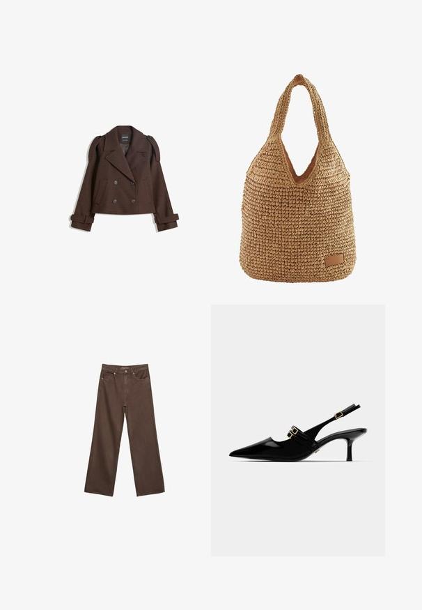 Rjava dvojna volna mešana jakna z epauleti na rami, velikimi reverji, dvema sprednjima žepoma in zavihanimi manšetami. Oznaka na notranji strani.; Rjava kratka majica s kratkimi rokavi iz mehkega materiala, s krožnim izrezom in ohlapnim krojem. Brez vidnih vzorcev ali dodatkov.; Široke rjave kavbojke iz denima, ki imajo visok pas, sprednje žepe in klasično zapiranje na gumb. Gladka tekstura s subtilnim šivom.; Črne lakaste slingback pete s koničastim nosom, ki imajo dvojne zlate zaponke in vitko stiletto peto.; Tkanina iz slame v mehkemu slogu, svetlo rjave barve, V-oblikovno odprtino in usnjen dodatek z oznako na dnu. Mehka tekstura.