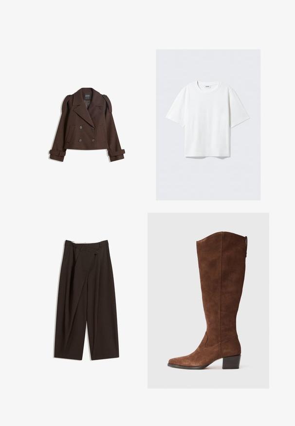 Ruskearvoinen kaksirivinen villasekoitekavit, jossa on olkalaput, suuret kaulukset, kaksi etutaskua ja käärityt hihansuut. Merkattu sisätunnus.; Valkoinen lyhythihainen t-paita pehmeästä puuvillakankaasta, jossa on pyöreä pääntie ja rento istuvuus suoran helman kanssa, yksinkertainen ilman kuvioita tai grafiikkaa.; Tummanruskeat leveälahkeiset housut, joissa on korkea vyötärö, yhden napin sulkea ja pleatattu etuosa. Valmistettu kevyestä kankaasta.; Ruskeat mokkanahkaiset polvipituiset saappaat, joissa on terävä kärki ja pinottu korko. Niissä on sileä pinta ja minimalistisia ompeluyksityiskohtia.