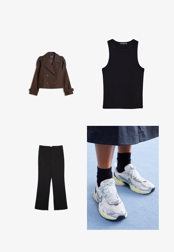 Rjava dvojna volna mešana jakna z epauleti na rami, velikimi reverji, dvema sprednjima žepoma in zavihanimi manšetami. Oznaka na notranji strani.; Črna majica brez rokavov iz bombaža, z okroglim izrezom in širokimi odprtinami za roke. Gladka tekstura s šivi na robovih. Klasičen, minimalističen dizajn.; Črne hlače ravnega kroja z naglavnimi žepi in stranskimi razporki na robu. Narejene iz mehke, gladke tkanine. Primerne za različne priložnosti.; Bele in srebrne Nike teniske z mrežasto tkanino, refleksnimi poudarki in bež podplatom. Nosi se z črnimi nogavicami, stoji na modri površini.