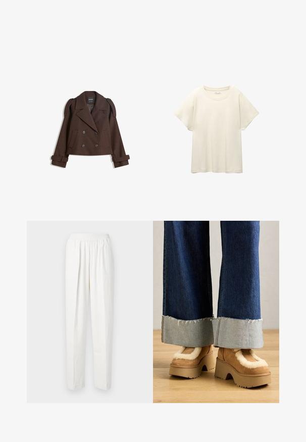 Rjava dvojna volna mešana jakna z epauleti na rami, velikimi reverji, dvema sprednjima žepoma in zavihanimi manšetami. Oznaka na notranji strani.; Svetlo bež kratkosleeven majica s okroglim ovratnikom, izdelana iz mehke, gladke tkanine. Ima sproščen kroj in raven rob.; Bela hlače z elastiko v pasu in ravnim krojem, izdelane iz mehke tkanine, z diskretnimi sprednjimi gubami za dodatno teksturo in oblikovalske detajle.; Rjave ante boote s platformo, obložene s kremastim krznom, v kombinaciji s širokimi denim hlačami z razfrkanimi robovi in lažjim denim zapenjanjem.