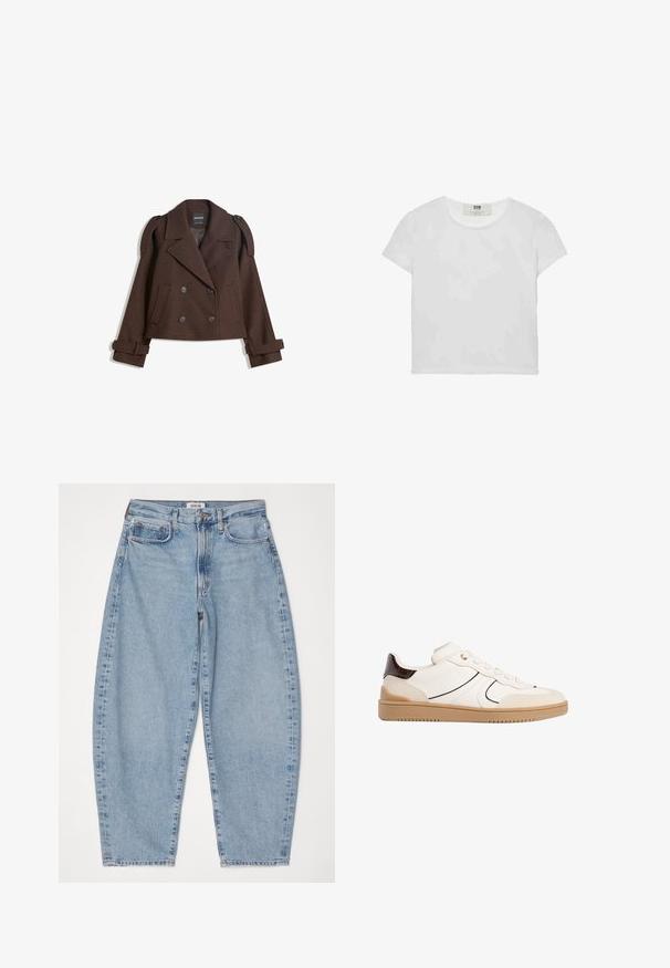 Brązowa, podwójnie zapinana kurtka z mieszanki wełny z epauletami na ramionach, dużymi klapami, dwiema przednimi kieszeniami i podwiniętymi mankietami. Oznakowana metka wewnętrzna.; Biała koszulka z krótkim rękawem i okrągłym dekoltem, wykonana z miękkiej bawełny, charakteryzująca się prostym, czystym wzorem bez widocznych zdobień ani akcentów.; Agolde - Jeansy Relaxed Fit; Stradivarius - Sneakersy niskie