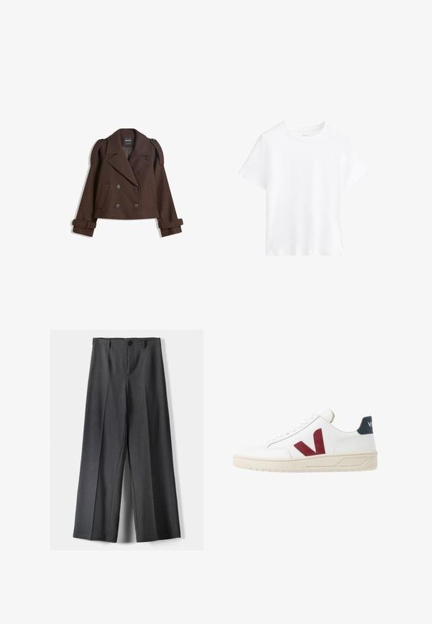 Hnědá dvouřadá bunda z vlněné směsi s epauletami na ramenou, velkými límci, dvěma předními kapsami a ohrnutými manžetami. Vnitřní štítek s označením.; Bílé bavlněné tričko, krátké rukávy, kulatý výstřih, uvolněný střih, hladká textura, bez vzorů nebo akcentů, jednoduchý design, univerzální styl.; Kalhoty s širokými nohavicemi vyrobené z tmavě šedé látky, s knoflíkovým zapínáním, předními sklady a poutky na pásek. Hladká textura s přizpůsobeným střihem.; Bílé kožené tenisky s burgundským 'V' logem, texturovanou gumovou podrážkou a námořnickým akcentem na patě; mají klasický design se šněrováním.