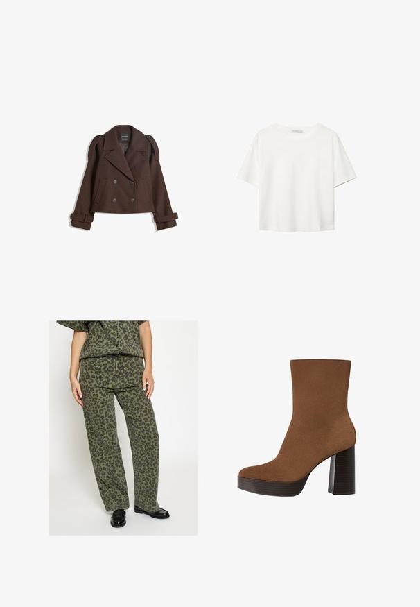 Veste en mélange de laine double boutonnage marron avec épaulettes, grands revers, deux poches avant et poignets retroussés. Étiquette intérieure marquée.; T-shirt blanc à manches courtes en coton. Doté d'un col ras du cou et d'une coupe décontractée. Texture lisse sans motifs ni accents visibles.; Surchemise en coton vert à imprimé léopard, pantalon large assorti, coupe décontractée, poches avant, et chaussures noires sans lacets.; Botte cheville en suède marron avec un bout rond, un large talon à rayures noires et une surface lisse. Présente un design ajusté sans quincaillerie visible.