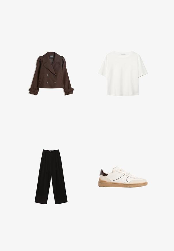 Bruine dubbelzijdige wollen blazer met schouderepauletten, grote revers, twee voorknoopzakken en opgerolde manchetten. Gemarkeerd binnenlabel.; Witte korte mouwen t-shirt van katoen. Heeft een ronde halslijn en een ontspannen pasvorm. Glad textuur zonder zichtbare patronen of accenten.; Zwarte wijde broek met hoge taille, voorzien van een riem in de taille en plooien voor textuur. Gemaakt van een gladde, lichte stof.; Stradivarius Sneakers laag - white