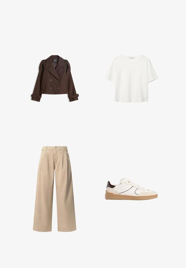 Brązowa, podwójnie zapinana kurtka z mieszanki wełny z epauletami na ramionach, dużymi klapami, dwiema przednimi kieszeniami i podwiniętymi mankietami. Oznakowana metka wewnętrzna.; Biała koszulka z krótkim rękawem, wykonana z bawełny. Posiada okrągły dekolt i luźny krój. Gładka faktura bez widocznych wzorów czy akcentów.; Beżowe spodnie typu wide-leg z dwoma plisami z przodu, z zapięciem na guzik i gładką fakturą. Zaprojektowane z myślą o komforcie i luźnym kroju.; Stradivarius - Sneakersy niskie
