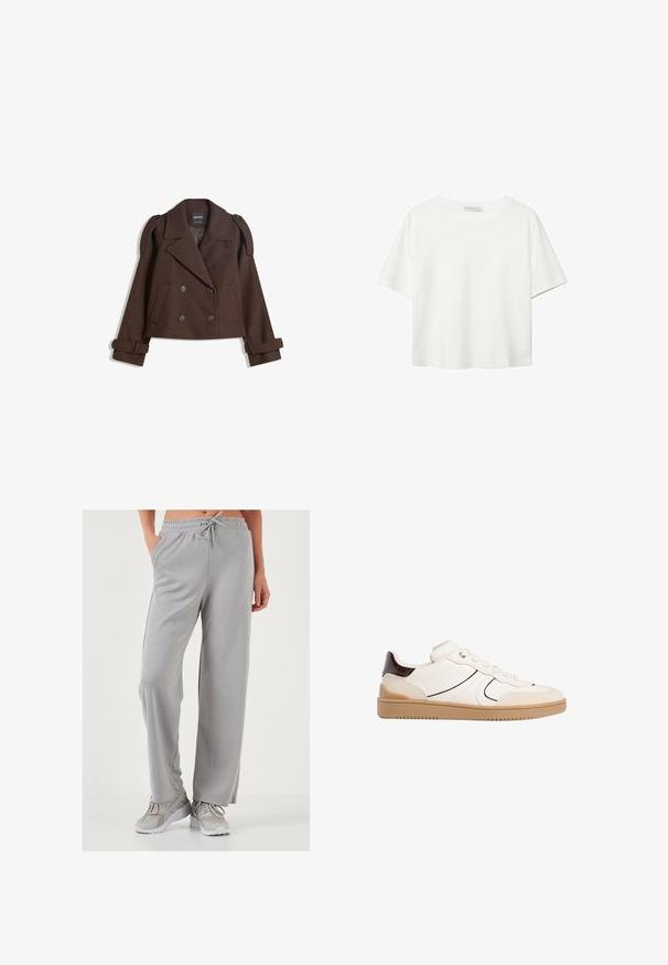 Hnědá dvouřadá bunda z vlněné směsi s epauletami na ramenou, velkými límci, dvěma předními kapsami a ohrnutými manžetami. Vnitřní štítek s označením.; Bílý krátký rukáv tričko vyrobené z bavlny. Má kulatý výstřih a volný střih. Hladký materiál bez viditelných vzorů nebo akcentů.; Světle šedé široké tepláky z měkké, hladké tkaniny; mají elastický pas se šňůrkou a boční kapsy.; Stradivarius Tenisky - white