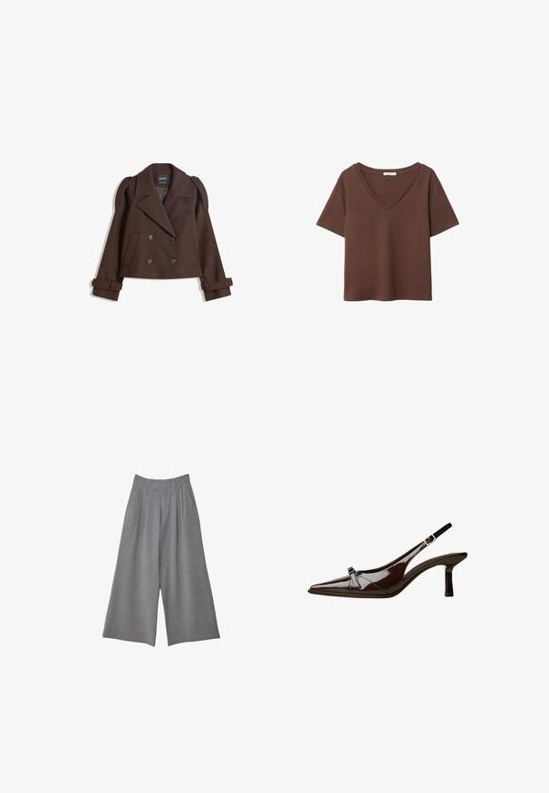 Braune, doppelt knöpfbare Wollmischjacke mit Schulterklappen, großen Revers, zwei Fronttaschen und umgeschlagenen Manschetten. Mit Etikett im Inneren.; Braunes Baumwoll-T-Shirt mit kurzen Ärmeln und tiefem V-Ausschnitt. Einfaches Design, weiche Textur und gerade Saumlinie. Keine Muster oder Akzente.; Graue weit geschnittene Hose aus strukturiertem Stoff, mit Falten an der Taille und zwei Seitentaschen. Entworfen mit einem mittelhohen Schnitt.; Braune Lackleder-Slingback-Schuhe mit spitzem Zehenbereich, niedrigem Absatz und einer dekorativen Schleifenakzent an der Vorderseite. Glatte, glänzende Textur.