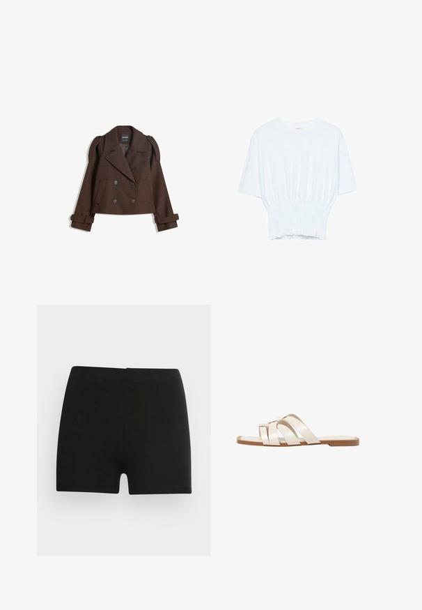 Brązowa, podwójnie zapinana kurtka z mieszanki wełny z epauletami na ramionach, dużymi klapami, dwiema przednimi kieszeniami i podwiniętymi mankietami. Oznakowana metka wewnętrzna.; Biała koszulka z krótkim rękawem o luźnym kroju i marszczonym wykończeniu w talii. Wykonana z miękkiego, lekkiego materiału.; Czarnie bawełniane szorty o dopasowanym kroju i elastycznym pasie. Gładka tekstura, długość do połowy uda, bez widocznych wzorów czy akcentów.; Płaskie sandały z brązową gumową podeszwą, zaprojektowane z trzema nakładającymi się na siebie białymi skórzanymi paskami i małym detalem w postaci kokardy na środku.
