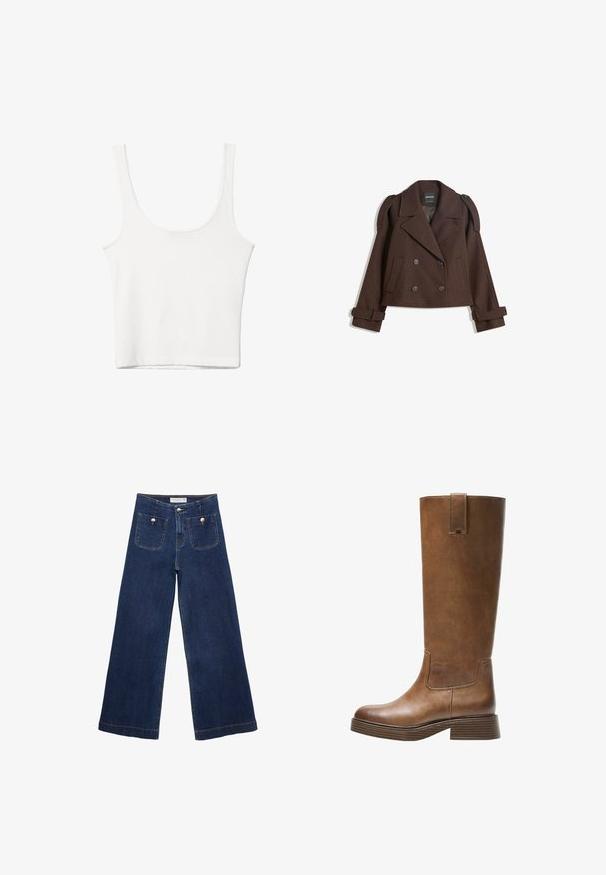 Brun dobbeltbrystet jakke i uldblanding med skulderlapper, store revers, to frontlommer og optrukne manchetter. Mærket indvendig label.; Hvid bomulds tanktop med en rundet halsudskæring, uden ærmer og en tætsiddende pasform. Glat tekstur, ensartet design og minimale syninger.; Mørkeblå brede bukser lavet af denim, med to forlommer med dekorative knapper og lige afslutning.; Brune læderknæhøje støvler med rund tå, struktureret overflade og en stabelt lav hæl. Har en sidepanel og en løftestrop øverst.