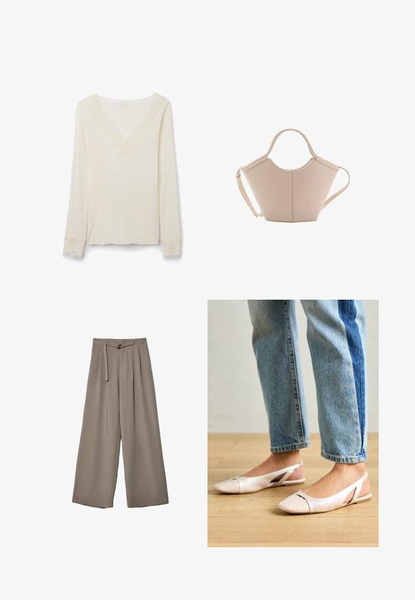 Brun dobbeltbrystet jakke i uldblanding med skulderlapper, store revers, to frontlommer og optrukne manchetter. Mærket indvendig label.; Langærmet cremetop med V-hals, der har delikat blonder trim ved halsudskæringen og blondeaccenter ved ærmerne. Blødt stof.; Vide ben bukser i et blødt, afdæmpet grå stof, med en bælte i taljen og plisseringer for ekstra designdetalje. Glat tekstur, ingen mønstre.; Lyserøde slingback flade sko med spidse tær, lavet af et glat læderlignende materiale. Har udskæringsdetaljer på siderne og en flad hæl.; Lysebrun læderhåndtaske med en unik form, featuring to korte håndtag og et langt justerbart rem. Glat tekstur med minimal hardware.