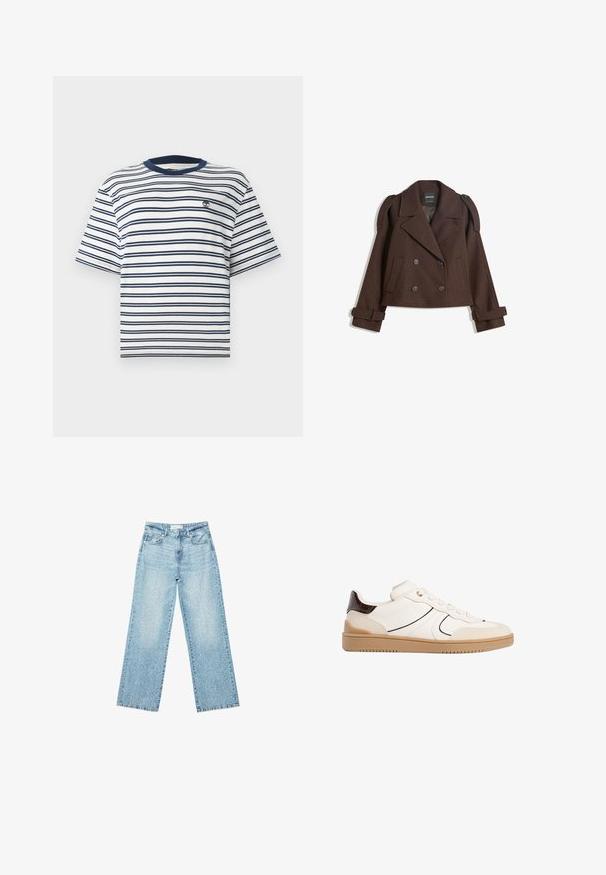 Bruine dubbelzijdige wollen blazer met schouderepauletten, grote revers, twee voorknoopzakken en opgerolde manchetten. Gemarkeerd binnenlabel.; Gestreepte t-shirt met korte mouwen in wit en marineblauw. Heeft een ronde hals met een marineblauwe ribbelafwerking en een klein geborduurd logo op de borst.; Lichtblauwe denim wijde-lange jeans met een hoge taille, voorzien van een vervaagde wassing en kleine, verspreide versleten details overal.; Stradivarius Sneakers laag - white