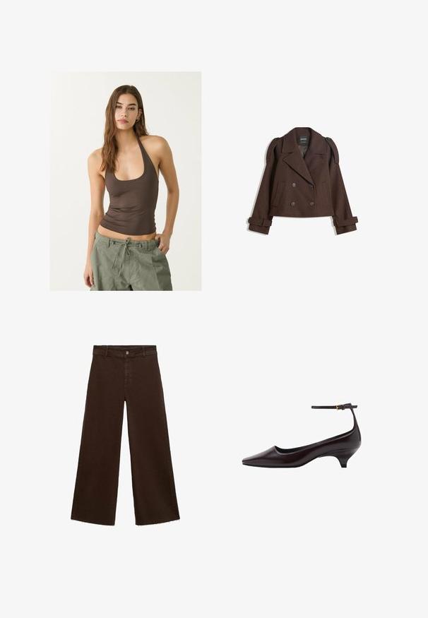 Brun dobbeltbrystet jakke i uldblanding med skulderlapper, store revers, to frontlommer og optrukne manchetter. Mærket indvendig label.; Brun udenærmet top med rund halsudskæring og rynket tekstur, parret med olivengrønne cargo bukser med snoretræk.; Brune viddebukser i en bomuldsblanding, med en frynset kant, frontknaplukning og klassisk fem-lomme design. Minimalistiske og alsidige.; Mørkebrune spidse læder kitten heel sko med en tynd ankelrem og en lille guldbeslag.