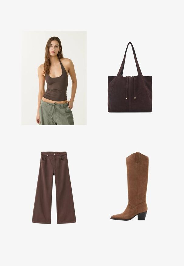 Smeđi dvostruki vuneni sako s epauletima na ramenima, velikim reverima, dva prednja džepa i prevrnutim manžetama. Oznaka unutrašnjosti.; Smeđa majica bez rukava s okruglim izrezom i nabranom teksturom, u kombinaciji s maslinasto zelenim cargo hlačama s vezicama.; Smeđe široke traperice izrađene od denima. Imaju pet džepova, patentni rajsferšlus i metalne zakovice. Glatka tekstura i klasičan dizajn.; Smeđe zrelo čizme do koljena s šiljastim vrhom, nagnutim petom i ukrasnim šavovima na cijevi. Glatka tekstura i suženi dizajn.; Mango Velika torba - dark brown