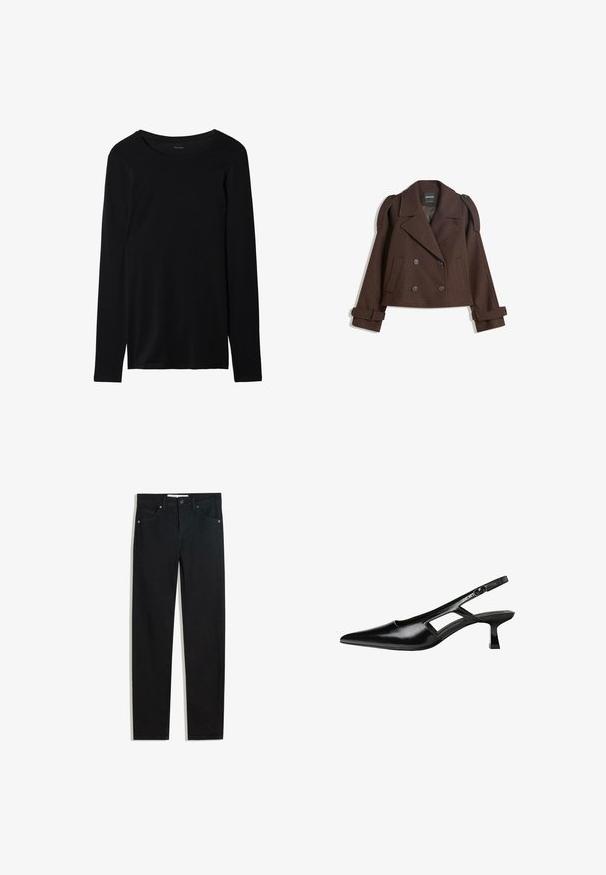 Braune, doppelt knöpfbare Wollmischjacke mit Schulterklappen, großen Revers, zwei Fronttaschen und umgeschlagenen Manschetten. Mit Etikett im Inneren.; Schwarz langärmliges T-Shirt aus weichem Stoff mit Rundhalsausschnitt und glatter Textur. Verfügt über ein einfaches, minimalistisches Design.; Schwarze Jeans mit geradem Bein, fünf Taschen, Metallknopfverschluss und dezenten Nähten. Glatte Textur.; Schwarze Lackleder-Slingback-High Heels mit spitzer Zehenform, ausgeschnittenem Seitendesign und kleinem Blockabsatz. Glatte Textur mit minimalen Akzenten.
