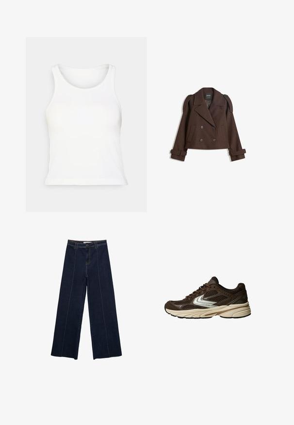 Giacca in misto lana marrone doppiopetto con spalline, ampie rever, due tasche frontali e maniche arrotolate. Etichetta interna marcata.; Canotta bianca a coste con scollatura rotonda e design senza maniche. Texture morbida, forma aderente e orlo diritto. Senza motivi né dettagli.; Pantaloni in denim scuro a gamba larga con cuciture a contrasto, vita alta e taglio dritto. Presentano tasche anteriori e una chiusura classica con bottone.; Scarpa atletica marrone con pannelli in rete, un design con accenti bianchi, una suola in gomma imbottita e una tomaia in tessuto testurizzato per la traspirabilità.