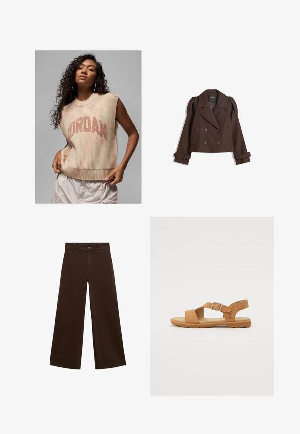 Brun dobbeltbrystet jakke i uldblanding med skulderlapper, store revers, to frontlommer og optrukne manchetter. Mærket indvendig label.; Lys beige ærmeløs sweater med ribstruktur, der har et fremtrædende "JORDAN" logo i mørkere beige. Casual design med løst fit.; Brune viddebukser i en bomuldsblanding, med en frynset kant, frontknaplukning og klassisk fem-lomme design. Minimalistiske og alsidige.; Brun lædersandal med spænde, åben tå og polstret sål. Har en fleksibel gummisål og præget logo-detalje.