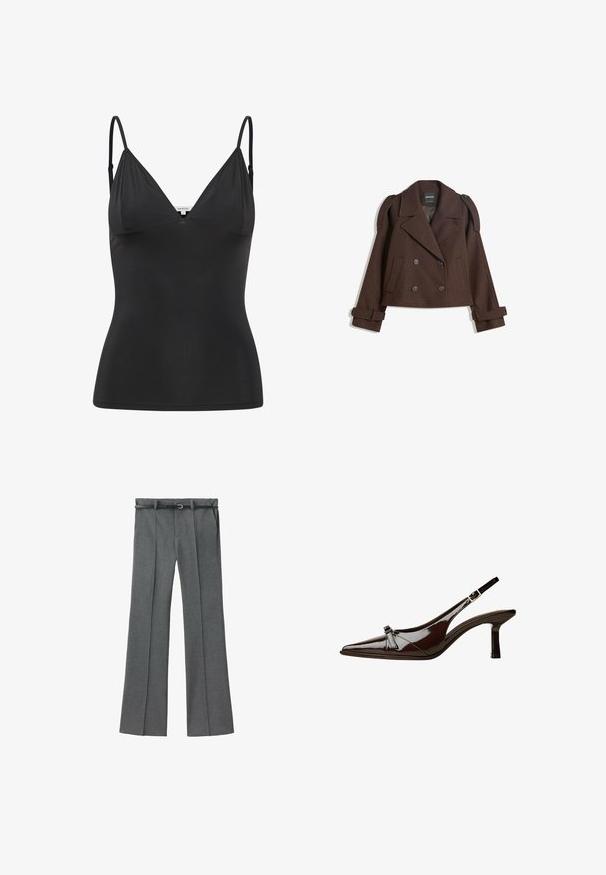 Rjava dvojna volna mešana jakna z epauleti na rami, velikimi reverji, dvema sprednjima žepoma in zavihanimi manšetami. Oznaka na notranji strani.; Črna, prilegajoča majica s tankimi nastavljivimi naramnicami, V-izrezom, brezšivno zasnovo in gladko teksturo. Narejena iz mehkega, raztegljivega materiala.; Sive prirejene hlače z ravno nogavico, lahkotna tkanina, zanke za pas ter ozkim pasom z zmanjšanim srebrom.; Rjave lakirane slingback čevlje z oglatim nosom, nizko peto in dekorativno pentljo na sprednji strani. Gladka, sijoča tekstura.