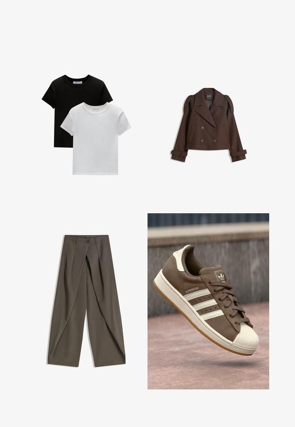 Brun dubbelknäppt jacka i ullblandning med axelklaffar, breda slag, två framfickor och rullade ärmar. Märkt inneretikett.; Två crew-neck t-shirts i svart och vitt, tillverkade av bomull. De har korta ärmar och ett enfärgat mönster utan mönster eller accentuerade detaljer.; Breda byxor i en strukturerad, mörkgrå tyg. Har en framfålla, knäppning med knapp och sidofickor för praktisk användning.; Bruna mockasiner i mocka med vita ränder, krämfärgade detaljer och en gummitå. Har snörning och en texturerad gummisula.