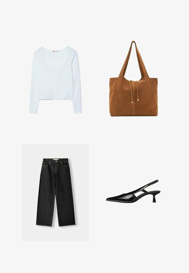 Smeđi dvostruki vuneni sako s epauletima na ramenima, velikim reverima, dva prednja džepa i prevrnutim manžetama. Oznaka unutrašnjosti.; Bijela, dugih rukava, skraćena majica s kvadratnim izrezom i glatkom teksturom tkanine. Nema vidljivih uzoraka ili detalja s metalnim dijelovima.; Crne traperice širokih nogavica s pet džepova, metalnim gumbom i zatvaračem te kontrastnim žutim šavovima.; Crne lakirane natikače na remenčić sa špicastim nosom, dizajnom sa izrezima sa strane i malim kvadratnim potplatom. Glatka tekstura s minimalnim akcentima.; Smeđa zamska torba s širokim otvorom, dugim trakama i zatvaranjem na vezicu s metalnim naglascima. Nemačka tekstura s minimalnim šavovima.