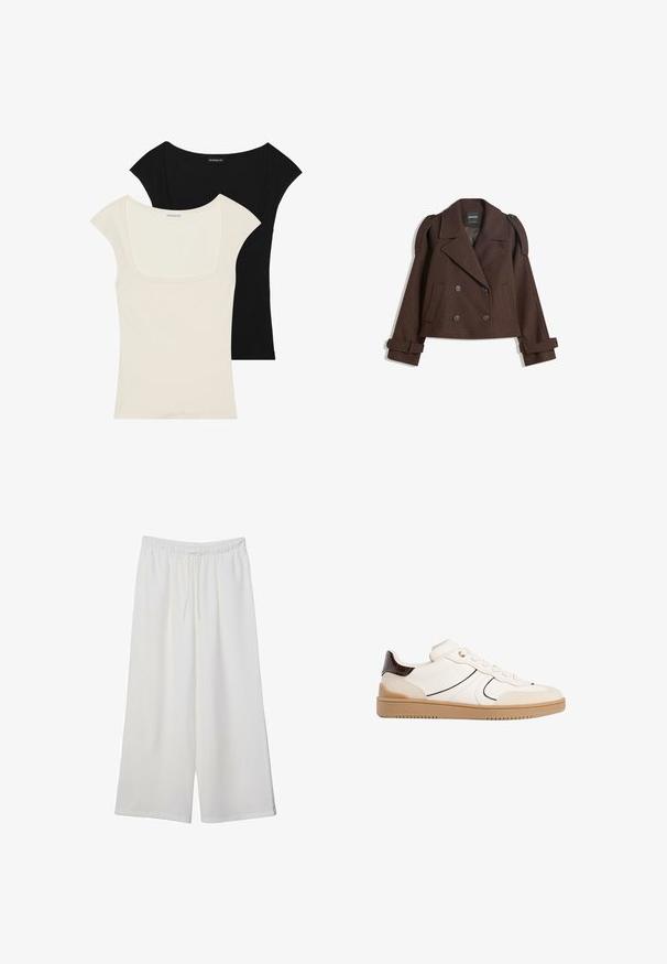 Brun dobbeltbrystet jakke i uldblanding med skulderlapper, store revers, to frontlommer og optrukne manchetter. Mærket indvendig label.; To siddede kortærmede toppe: en sort og en off-white. Begge har en firkantet udskæring og ribbet tekstur, med en glat finish.; Hvide vidde bukser lavet af letvægtsstof, med en elastisk talje og snøre for justerbar pasform. Glat tekstur.; Stradivarius Sneakers - white