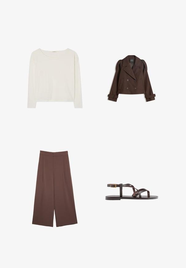 Ruskearvoinen kaksirivinen villasekoitekavit, jossa on olkalaput, suuret kaulukset, kaksi etutaskua ja käärityt hihansuut. Merkattu sisätunnus.; Valkoinen pitkähihainen paita pyöreällä pääntiellä, kevyttä puuvillakangasta ja rentoa istuvuutta. Yksinkertainen muotoilu ilman kuvioita tai koristeita.; Ruskeat leveälahkeiset housut, joissa on sileä pinta, korkea vyötärö ja etupleat. Kangas on kevyttä ja laskeutuu väljänä.; Ruske kožne sandale s križnim trakama, zatvaranjem na kopču oko gležnja i ravnim potplatom s minimalnim detaljima šivanja.