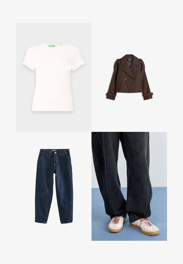 Barna, dupla soros, gyapjú keverék zakó vállfölötti díszítéssel, nagy hajtókával, két elülső zsebbel és feltekert ujjakra. Megjelölt bélés.; Fehér, rövid ujjú póló, puha anyagból készült, kerek nyakkivágással és zöld címkével a nyaknál. Egyszerű dizájn és testhezálló fazon.; Sötétkék farmernadrág laza szabással, öt zsebbel, övbújtatókkal és kontrasztos sárga varrással. Tiszta, textúrált anyag.; Fekete, laza farmernadrág elülső varrási részletekkel, fehér és rózsaszín sportcipőkkel, gumitalpból és rózsaszín fűzővel.