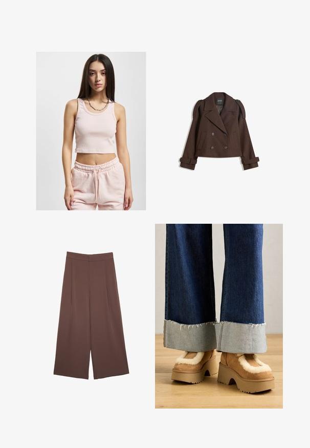 Ruskearvoinen kaksirivinen villasekoitekavit, jossa on olkalaput, suuret kaulukset, kaksi etutaskua ja käärityt hihansuut. Merkattu sisätunnus.; Vaaleanpunainen lyhyt toppi ribbikuidulla, leveillä olkaimilla ja pyöreällä kaula-aukolla, yhdistettynä matching-housuihin.; Ruskeat leveälahkeiset housut, joissa on sileä pinta, korkea vyötärö ja etupleat. Kangas on kevyttä ja laskeutuu väljänä.; Ruskeat samettikankaiset platform-kengät, joissa on kermaisen valkoinen turkisvuori, yhdistettynä leveälahkeisiin farkkuhousuihin, joissa on repaleiset helmansa ja vaaleampi farkkuvarsi.