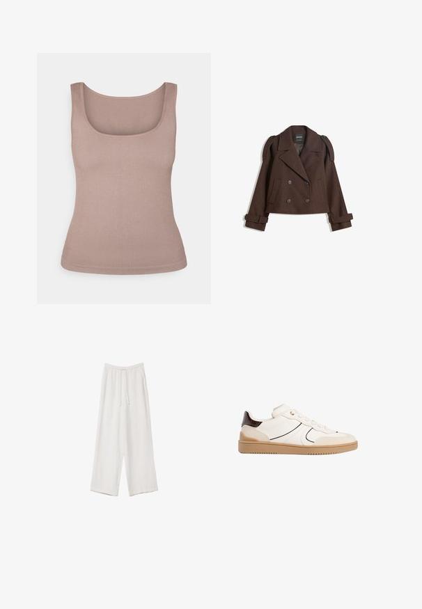 Brun dubbelknäppt jacka i ullblandning med axelklaffar, breda slag, två framfickor och rullade ärmar. Märkt inneretikett.; Ribbad linne i mjuk beige, med fyrkantig halsringning och ärmlös design. Materialet har en mjuk yta med en figurnära passform.; Vita vida byxor i vid passform gjorda av ett lättviktsmaterial. Har en elastisk midja med dragsko och sidofickor. Slät textur.; Stradivarius Sneakers - white