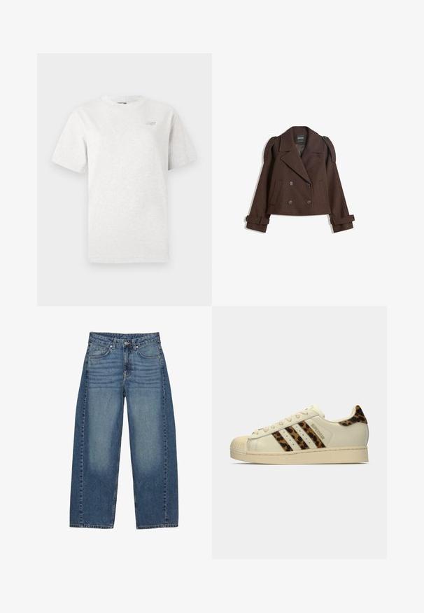 Hnedý dvojradový kabát z vlnenej zmesi s ramennými epauletmi, veľkými klopami, dvoma prednými vreckami a ohrnutými manžetami. Označená vnútorná etiketa.; Šedé tričko s krátkym rukávom vyrobené z mäkkej bavlny, s okrúhlym výstrihom a malým logom na ľavej hrudi.; Džínsy s širokým strihom v modrej farbe vyrobené z denimu, s klasickým dizajnom piatich vreciek, s vyblednutým umývaním a tónovaným prešívaním.; Svetlo krémové tenisky Adidas Superstar s pruhmi a pätkou s leopardím vzorom, béžovo gumovou špičkou a textom "SUPERSTAR" na strane.