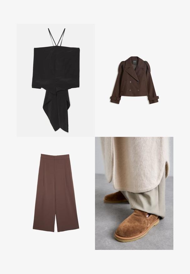 Giacca in misto lana marrone doppiopetto con spalline, ampie rever, due tasche frontali e maniche arrotolate. Etichetta interna marcata.; Top nero senza maniche con forma squadrata e orlo asimmetrico, realizzato in un tessuto liscio. Spalline sottili e design drappeggiato a punta sul fondo.; Pantaloni ampi marroni con una texture liscia, caratterizzati da una vita alta e pieghe frontali. Il tessuto è leggero e scorre liberamente.; Scarpe slip-on in suede marrone con punta tonda, suola in gomma e dettagli a taglio laterale, abbinate a pantaloni beige chiaro su misura.