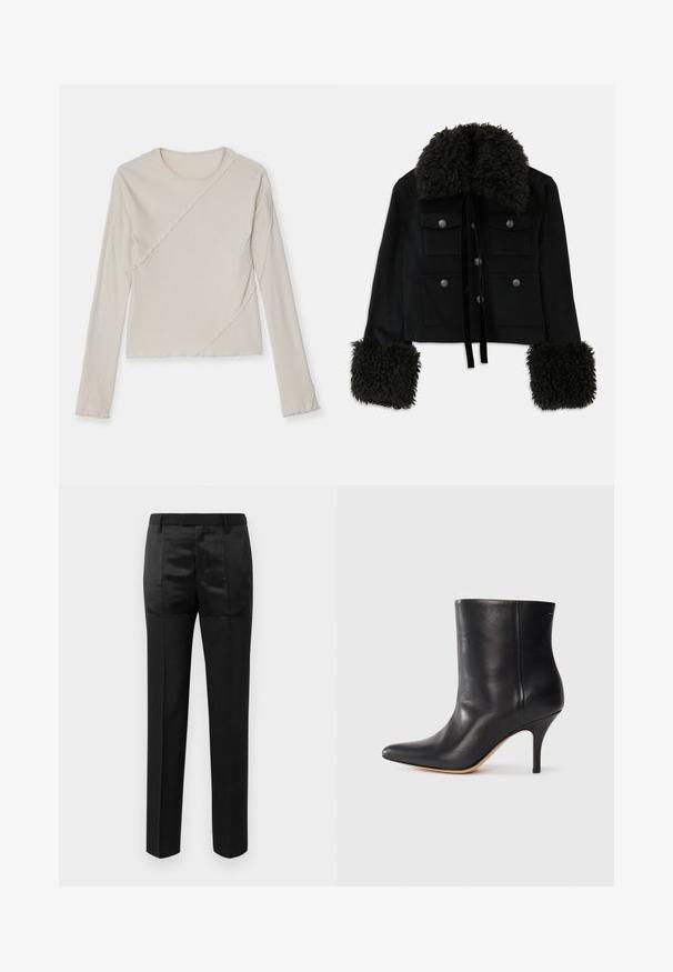 Juodas trumpas švarkas su pūkuotu juodu apykakle ir rankovėmis, turintis keturis priekinės kišenes ir sidabrines mygtukų uždarymus. Minkšta tekstūra, elegantiškas dizainas.; Ioannes BIAS LONG SLEEVE - Ilgarankovis viršutinės dalies drabužis - shell; Juodos pritaikytos kelnės su tiesiomis kojomis ir juosmeniu su diržo kilpomis, su matinio ir blizgaus audinio juostelėmis.; Juodos odinės kulkšninių botų su smailiu nosiu, siauru stiletto kulnu ir lygia tekstūra. Minimalistinis dizainas, be matomų aparatūros ar akcentų.