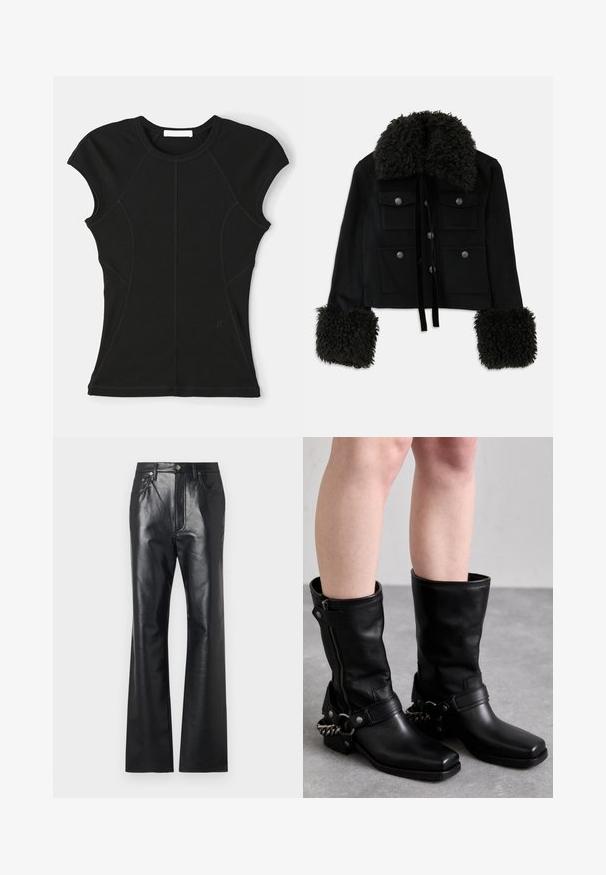 Musthave musta lühike jakk pehme musta krae ja mansettidega, nelja esipocketiga ja hõbedaste nööbiltidega. Pehme tekstuur, elegantne disain.; Must have lühikesed varrukad must T-särk, mis on valmistatud venivast kangast, kurvsete õmblustega ja ümarate kraejoontega. Lisatud on diskreetne logo detail hemmed. ; Mustad nahkpüksid sileda tekstuuriga, flöödid kujunduses, ees asuva tõmbluku ja vööpaeladega. Omavad peeneid õmbluskirjeldusi.; Mustad mustad kõrge teksad mustast nahast ruudukujulise varbaga, külgrihmaga ja reguleeritava rihmaga, millel on metallketi aksent. Mati viimistlus ja tugev tald.