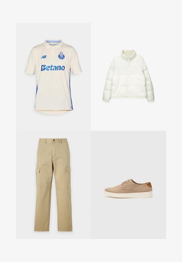 Witte gewatteerde jas met een hoge kraag, een voorkant met rits, twee zijzakken en een zachte, gladde textuur. Minimale branding in een lichte kleur.; Crème polo shirt met blauwe zijkanten. Bevat het "Betano" logo in blauw, een gestructureerde stof en een kraag. New Balance logo op de borst.; Beige cargobroek van katoen, met twee zijzakken, een knoopsluiting en rechte pijpen van een licht gestructureerde stof.; Beige suède sneakers met een ronde neus, vetersluiting aan de voorkant en een getextureerde achteraccent. De witte rubberen zool zorgt voor contrast. Eenvoudig en modern ontwerp.
