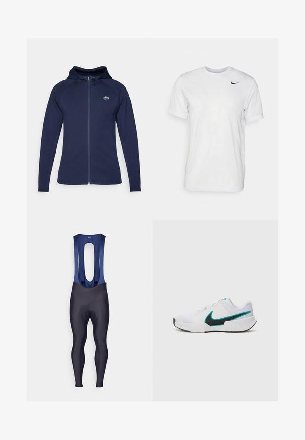 Námornícky modrá zapínacia mikina vyrobená z jemnej látky, s podšívkou kapucne, raglánovými rukávmi a logom Lacoste na ľavej hrudi.; Biela krátka tričko s krátkymi rukávmi vyrobené z hladkej látky. Má okrúhly výstrih a malé čierne logo Nike na ľavej hrudi.; Rapha MENS CORE WINTER WITH PAD - Legíny - dark navy/navy; Biele športové tenisky s textúrovaným sieťovaným zvrškom, čiernou gumovou podrážkou a akcentom teal loga Nike. Obsahujú šnúrky a vypolstrovaný golier.