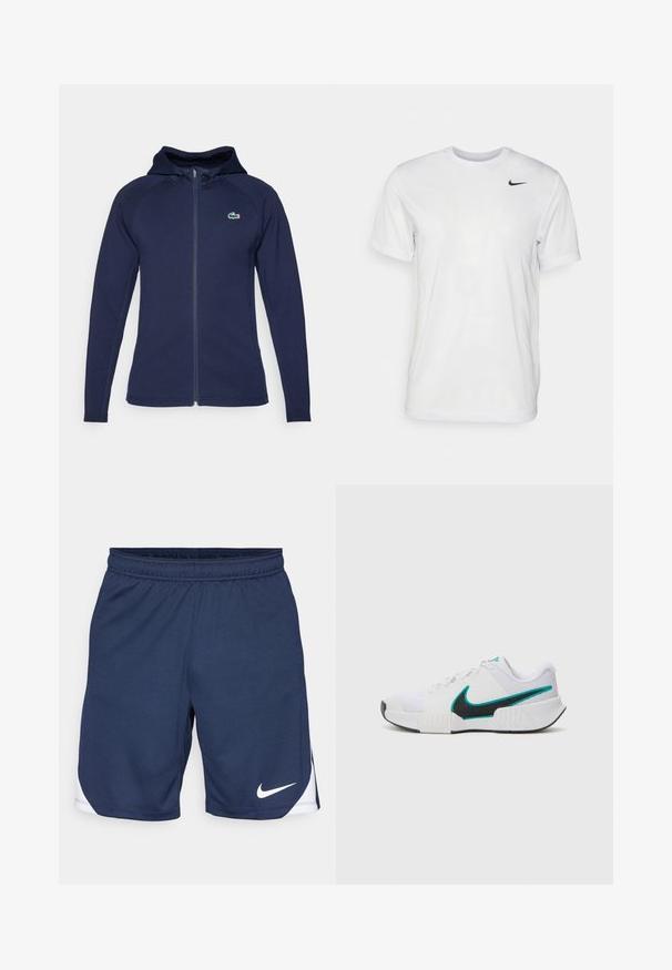 Navyblauwe zip-up hoodie van zachte stof, met een gevoerde capuchon, raglanmouwen en een Lacoste-logo op de linker borst.; Witte korte mouwen t-shirt gemaakt van gladde stof. Voorzien van een ronde hals en een klein zwart Nike-logo op de linkerborst.; Marineblauwe sportshorts van gestructureerde stof, met een elastische tailleband en een wit Nike-logo aan de zoom.; Witte sportieve schoen met een textuur mesh bovenwerk, zwarte rubberen zool en teal Nike swooshaccent. Voorzien van veters en een gewatteerde kraag.