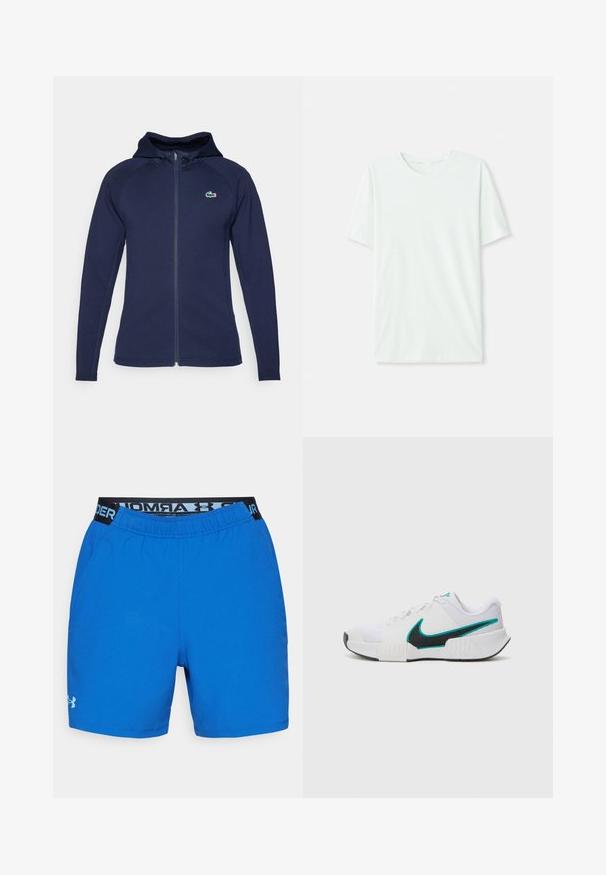 Navy blue zip-up hoodie made of soft fabric, featuring a lined hood, raglan sleeves, and a Lacoste logo on the left chest.; Light mint green short-sleeve t-shirt made of soft fabric. Features a crew neckline and a simple, straight cut without embellishments.; Blue athletic shorts made of soft fabric. Features an elastic waistband with black Under Armour logo and side pockets. Smooth texture.; White athletic shoe with textured mesh upper, black rubber sole, and teal Nike swoosh accent. Features laces and padded collar.
