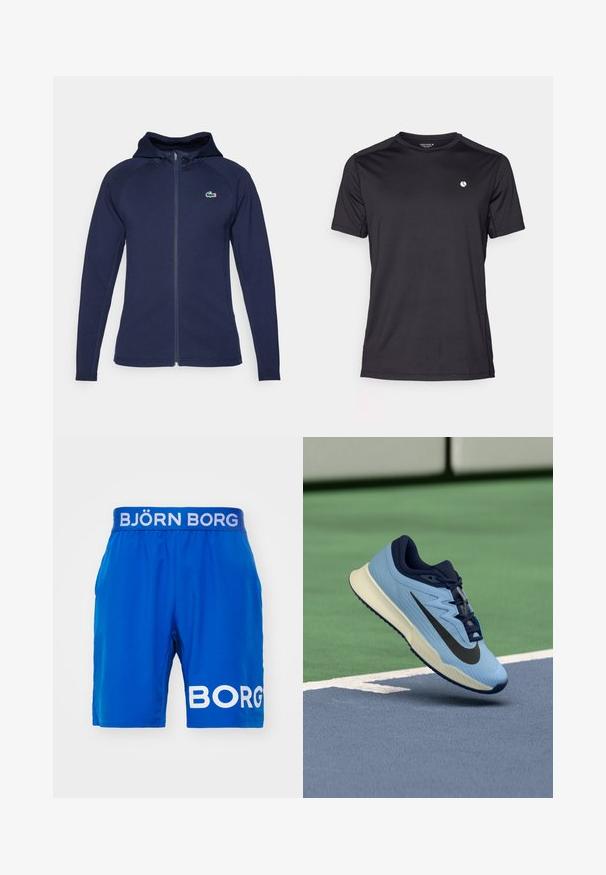 Námornícky modrá zapínacia mikina vyrobená z jemnej látky, s podšívkou kapucne, raglánovými rukávmi a logom Lacoste na ľavej hrudi.; Čierne atletické tričko s krátkym rukávom vyrobené z hladkého, ľahkého materiálu. Obsahuje malú bielu logo značky na hrudi.; Björn Borg SHORTS - Športové šortky - classic blue; Svetlo modrá športová topánka s námorníckymi akcentmi, štruktúrovaný sieťovaný zvršok a čierne logo Swoosh. Obsahuje polstrovanú medzipodrážku a gumovú podrážku.