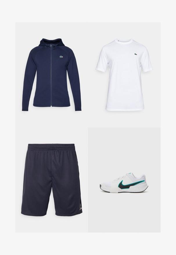 Tamsiai mėlynas užtrauktukas džemperis, pagamintas iš minkštos medžiagos, su pamuštu kapučinu, raglan rankovėmis ir Lacoste logotipu ant kairiojo krūtinės.; Balta medvilnės marškinėliai su apvalia iškirpte, trumpomis rankovėmis ir mažu žaliu krokodilo logotipu kairėje krūtinės pusėje. Lygus audinys, įprastas kirpimas.; Tamsiai mėlyni sportiniai šortai, pagaminti iš oro pralaidžios medžiagos, su elastinga juosta ir lygiu paviršiumi, šone su mažo logotipo detale.; Balti sportiniai batai su tekstūruotu tinkliniu paviršiumi, juodu guminėmis padais ir mėlyna Nike ženklu. Yra raiščiai ir paminkštinta apykaklė.