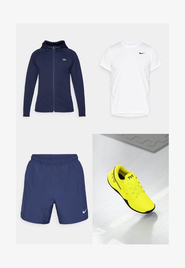 Dunkelblaues Zip-Hoodie aus weichem Stoff, mit gefütterter Kapuze, Raglanärmeln und einem Lacoste-Logo auf der linken Brust.; Weißes Nike T-Shirt mit kurzen Ärmeln aus glattem Synthetikmaterial, mit einem schwarzen Logo auf der linken Seite der Brust.; Dunkelblaue Sportshorts aus leichtem Material. Mit einem elastischen Bund und einem kleinen weißen Nike-Logo auf der linken Unterseite.; Helle gelbe Turnschuhe mit Mesh-Obermaterial, schwarzem Außensohle und TYR-Logo an der Seite. Sie zeichnen sich durch ein leichtes Design und eine Schnürung aus.