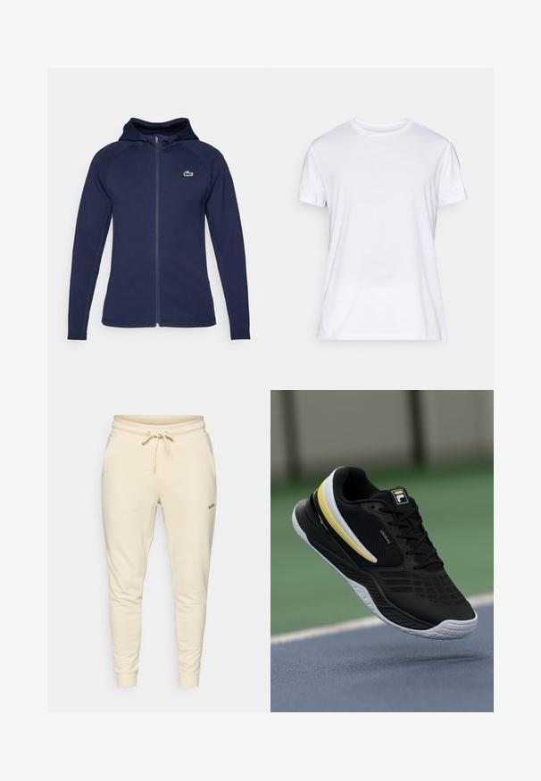 Navy blue zip-up hoodie wykonany z miękkiego materiału, z podszytym kapturem, rękawami raglanowymi oraz logo Lacoste na lewej piersi.; Biała koszulka z krótkimi rękawami wykonana z lekkiego materiału. Posiada okrągły dekolt oraz subtelny wzór teksturowy. Logo nadrukowane na rękawie.; Kremowe dresy wykonane z miękkiego materiału, z elastycznym pasem z sznurkiem, bocznymi kieszeniami i ściągaczami przy nogawkach.; Czarne buty sportowe z teksturowanym cholewką, z żółtymi i białymi akcentami. Lekka konstrukcja, wyściełana podeszwa oraz skomplikowany wzór po bokach.