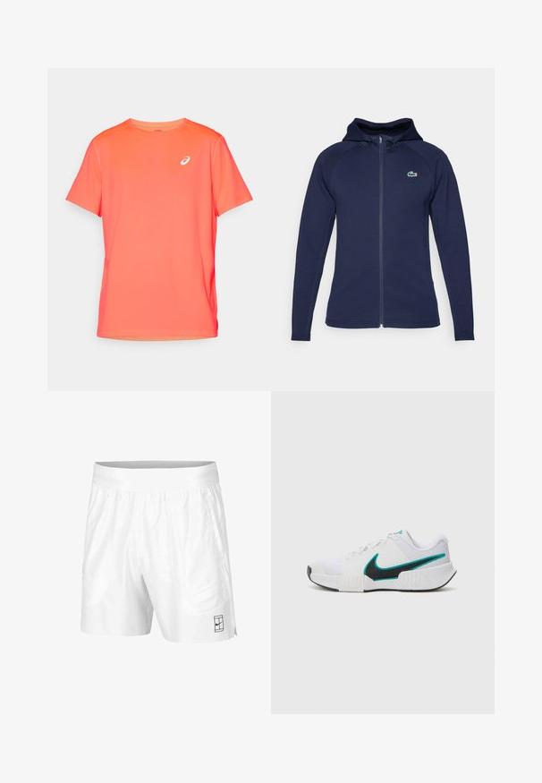 Corta-vento azul marinho com fecho de correr feito de tecido macio, apresentando um capuz forrado, mangas raglan e um logo da Lacoste no lado esquerdo do peito.; T-shirt atlético de manga curta na cor coral brilhante, feito de um tecido leve e suave, com logo branco no lado esquerdo do peito.; Calções atléticos brancos feitos de um tecido leve com um cós elástico, apresentando dois bolsos laterais e um pequeno logotipo preto na bainha.; Tênis atlético branco com parte superior em malha texturizada, solado de borracha preta e detalhe em swoosh Nike teal. Apresenta cadarços e colarinho acolchoado.