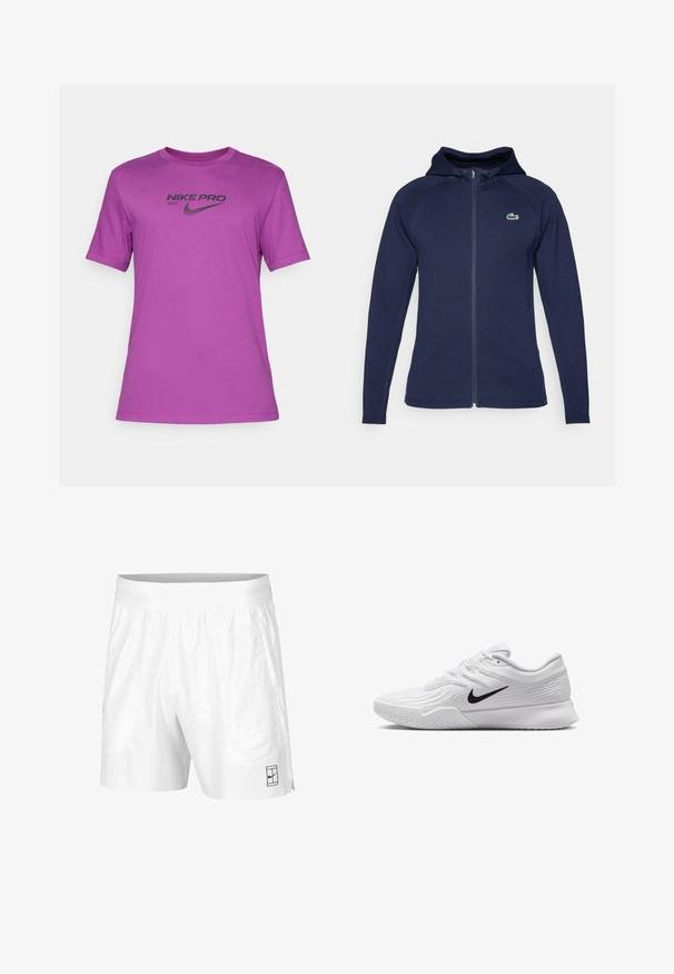 Sudadera con cremallera en azul marino hecha de tela suave, con capucha forrada, mangas raglán y un logo de Lacoste en el lado izquierdo del pecho.; Camiseta de Nike Pro morada de manga corta, con cuello redondo, que presenta un logotipo negro impreso en la parte delantera. Tela suave y liviana.; Pantalones cortos deportivos blancos hechos de una tela ligera con una cinturilla elástica, que cuentan con dos bolsillos laterales y un pequeño logo negro en el dobladillo.; Zapatilla deportiva blanca con parte superior de malla texturizada, swoosh negro de Nike, cuello acolchado y suela de goma con un patrón de taco.