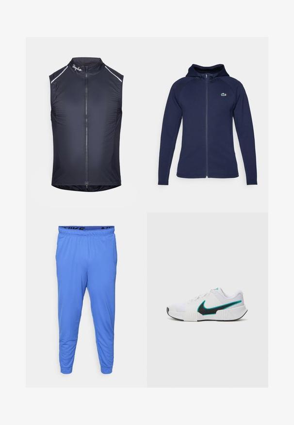Sötétkék, cipzáras kapucnis pulóver, puha anyagból készült, bélelt kapucnival, raglán ujjal és Lacoste logóval a bal mellen.; Ujjatlan kerékpáros mellény sötétkék színben, magas gallérral, teljes cipzárral, fényvisszaverő részletekkel és könnyű, sima szövettextúrával.; Férfi kék sportnadrág könnyű anyagból, rugalmas derékrésszel, fekete logóval és szűkülő boka végződésekkel.; Fehér sportcipő, texturált hálós felsőrésszel, fekete gumi talppal és türkiz Nike pipa akcentussal. Fűzős, párnázott bokarésszel rendelkezik.