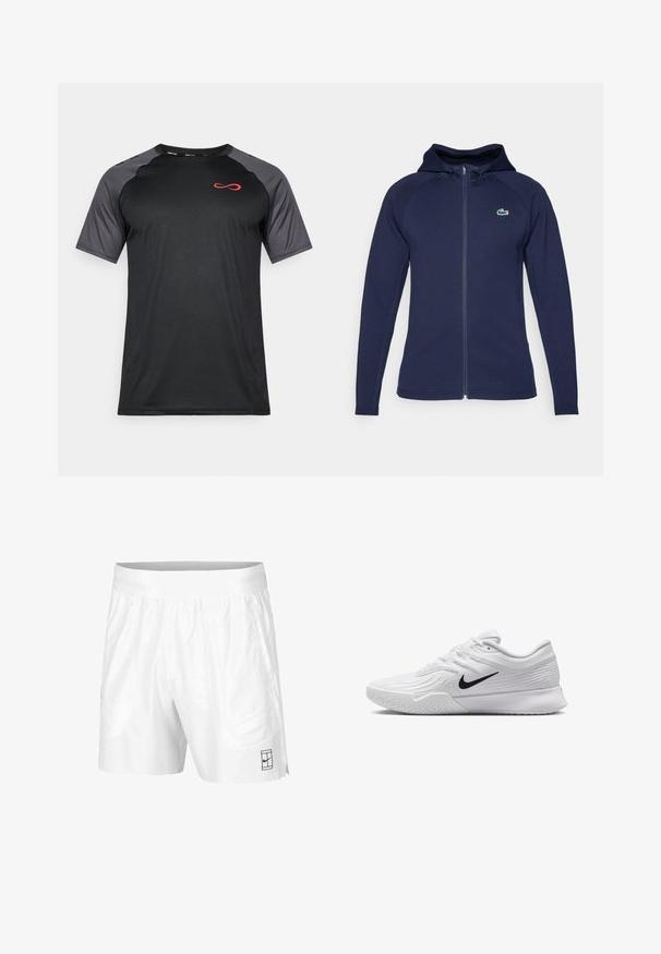 Mornarsko modra zip-up kapuca iz mehkega blaga, z obloženim kapuco, raglan rokavi in Lacoste logotipom na levi prsni strani.; Črna kratka športna majica z sivo mrežastimi rokavi in rdečim logotipom na prsih, zasnovana v oprijetem slogu in iz materiala, ki odvaja vlago.; Bele športne kratke hlače iz lahkotnega materiala z elastičnim pasom, ki imajo dva stranska žepa in majhen črn logotip na robu.; Bela športna čeveljca z teksturiranim mrežastim zgornjim delom, črn Nike znak, oblazinjen ovratnik in gumijast podplat s profilom.