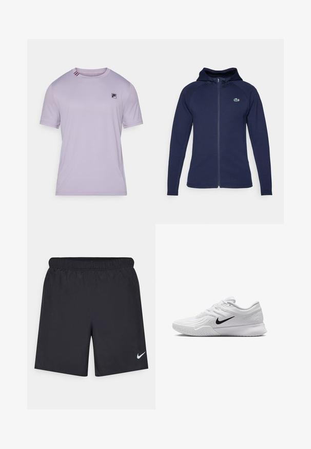 Námornícky modrá zapínacia mikina vyrobená z jemnej látky, s podšívkou kapucne, raglánovými rukávmi a logom Lacoste na ľavej hrudi.; Svetlofialové športové tričko vyrobené z hladkej tkaniny. Obsahuje čierne logo na hrudi a kontrastné pruhy na golieri. Krátke rukávy.; Čierne atletické šortky z ľahkého materiálu s elastickým pásom. Na dolnej ľavej strane majú malé biele logo Nike.; Biele športové topánky s textúrovaným sieťovaným zvrškom, čiernym logom Nike, polstrovaným golierom a gumovou podrážkou so vzorom dezénu.