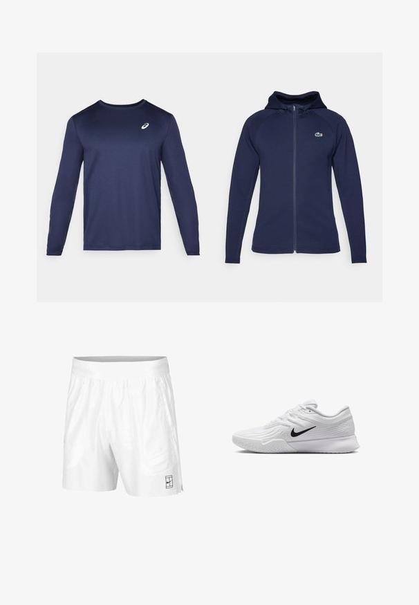 Felpa con zip di colore blu navy realizzata in tessuto morbido, dotata di cappuccio foderato, maniche raglan e logo Lacoste sul lato sinistro del petto.; Maglietta sportiva a maniche lunghe di colore blu navy, realizzata in un tessuto liscio. Presenta un collo rotondo e un piccolo logo bianco sul petto.; Pantaloni sportivi bianchi realizzati in tessuto leggero con vita elastica, dotati di due tasche laterali e un piccolo logo nero sull'orlo.; Scarpa da ginnastica bianca con tomaia in mesh testurizzato, logo Nike nero, collo imbottito e suola in gomma con un motivo di battistrada.